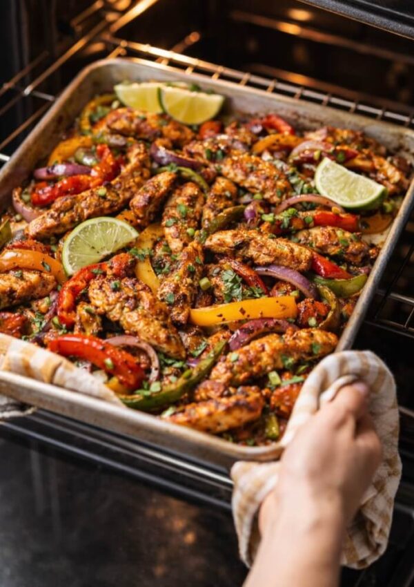 A hand holding a tray of baked chicken fajitas with sliced bell peppers, onions, and lime wedges, being placed into or taken out of an oven.