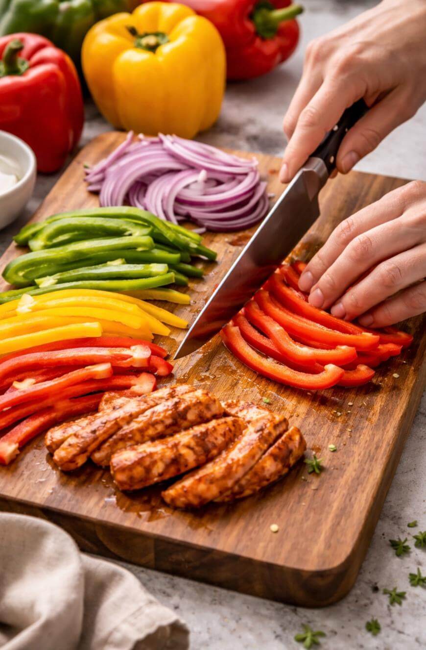 A person slices red bell peppers on a wooden cutting board, surrounded by sliced green and yellow peppers, red onion, chorizo, and whole bell peppers in the background.