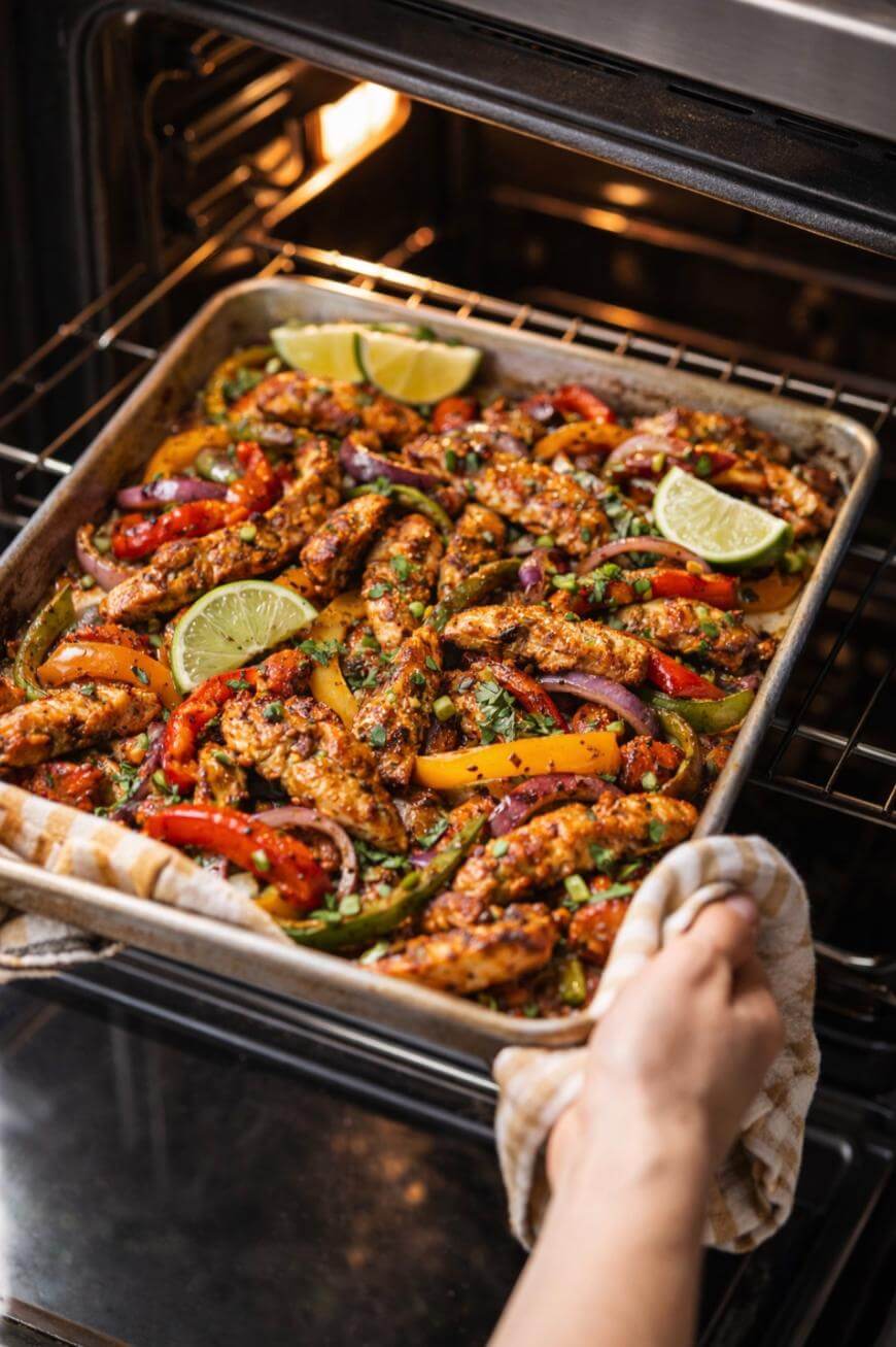 A hand is removing a sheet pan of seasoned chicken strips, red and yellow bell peppers, and onions garnished with lime wedges from an oven. The food is colorful and freshly baked.