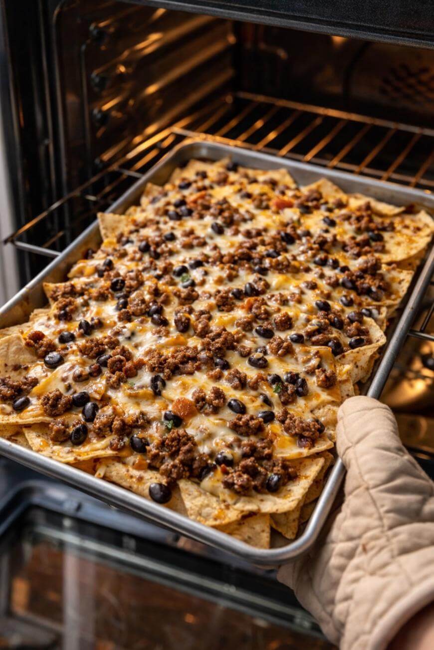 A gloved hand holds a tray of nachos topped with melted cheese, ground meat, and black beans as its being placed into or taken out of an oven.