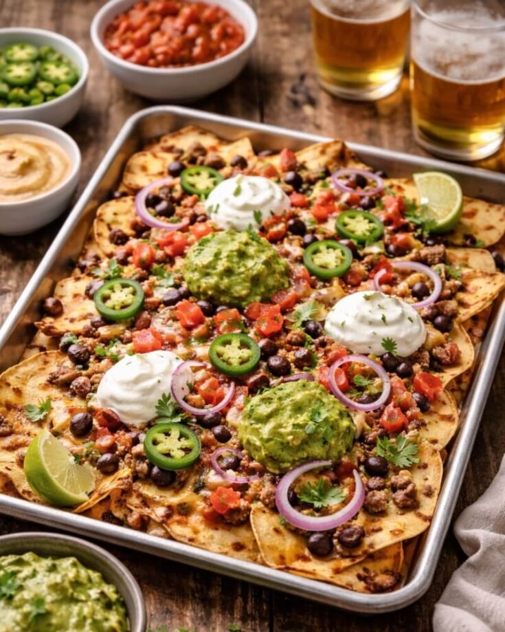 A tray of loaded nachos topped with guacamole, sour cream, jalapeño slices, red onion, black beans, and diced tomatoes, surrounded by bowls of salsa, dip, and sliced jalapeños, with glasses of beer in the background.