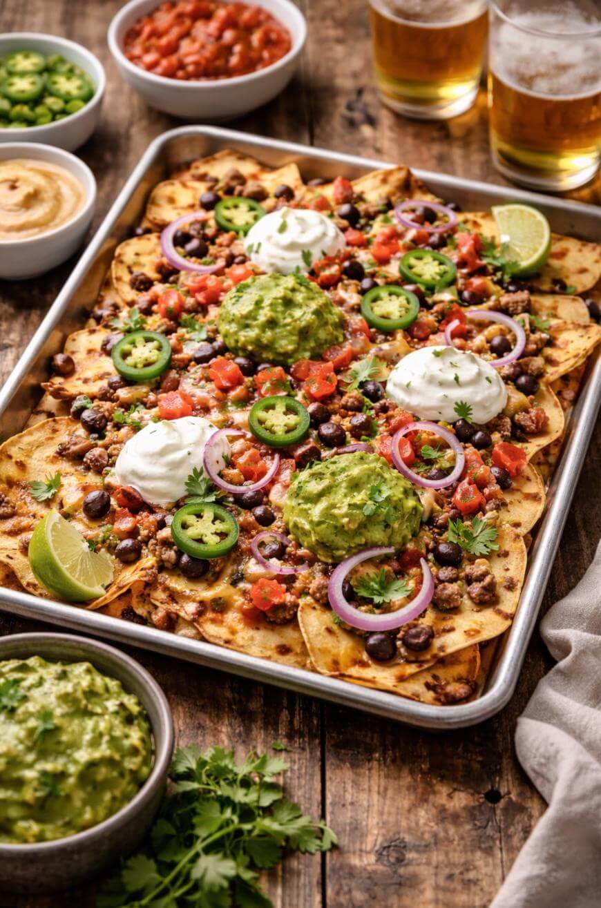A tray of loaded nachos topped with black beans, jalapeño slices, red onion, pico de gallo, guacamole, sour cream, and cilantro. Bowls of dip, salsa, and drinks are beside the tray on a wooden table.