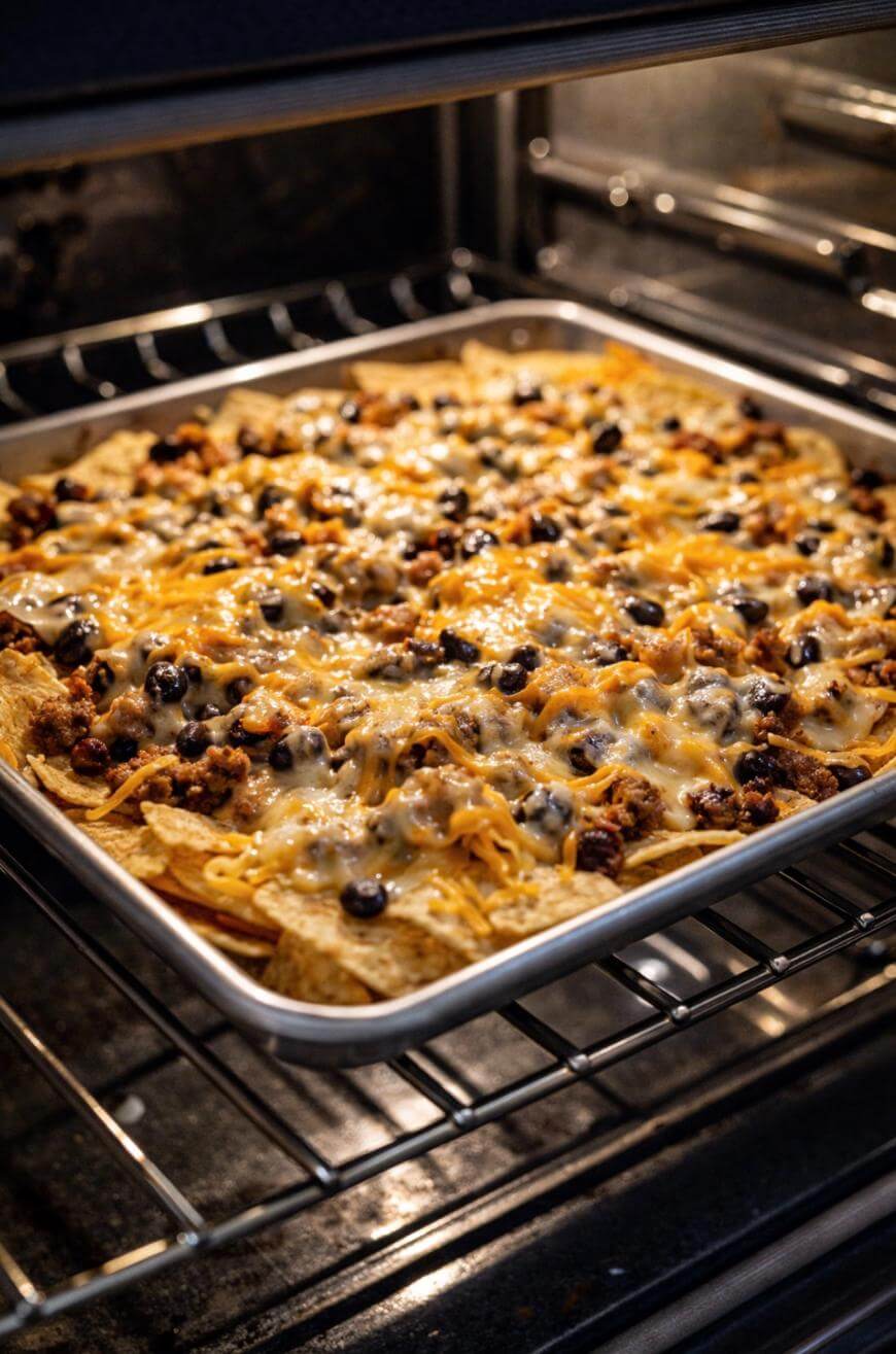 A baking tray of nachos topped with melted cheese, ground meat, and black beans is placed on an oven rack, with the cheese bubbling and slightly browned.