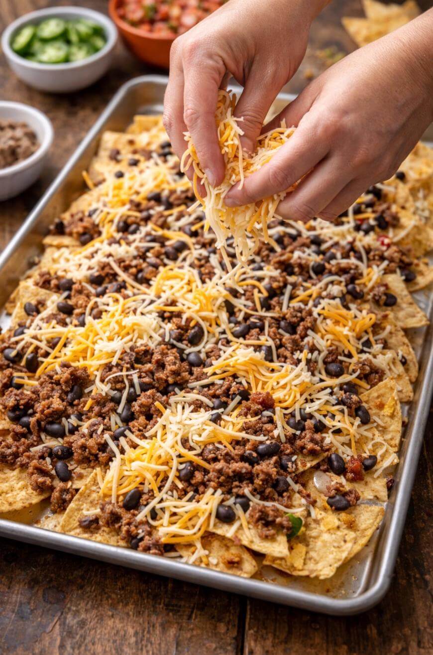 Hands sprinkling shredded cheese over a tray of nachos topped with ground beef and black beans. Bowls of sliced jalapeños, pico de gallo, and other toppings are visible in the background.