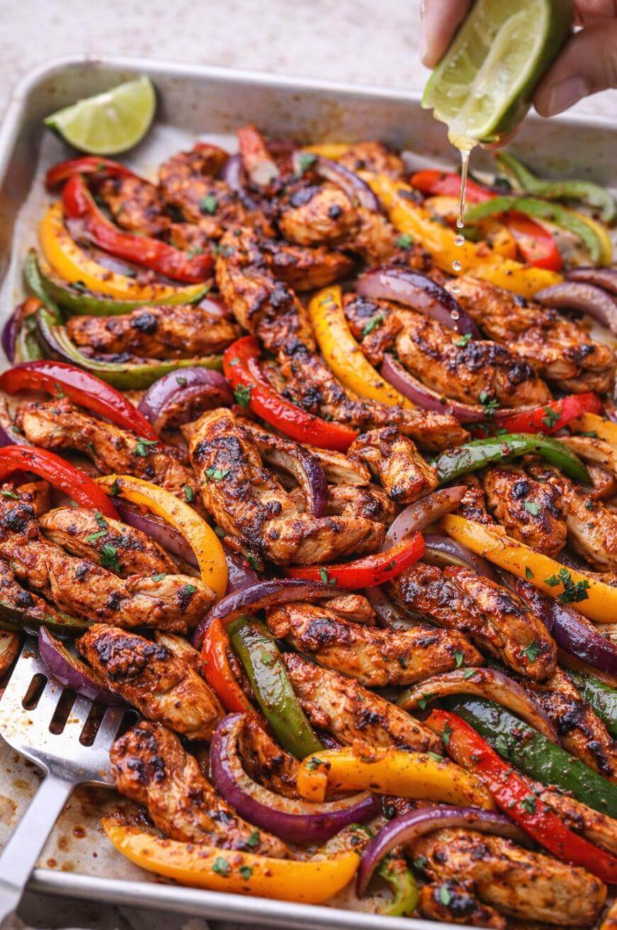 Colorful sheet pan chicken fajitas with sliced red, yellow, and green bell peppers and red onions, garnished with cilantro. A hand squeezes a lime wedge over the fajitas, with another lime slice nearby.