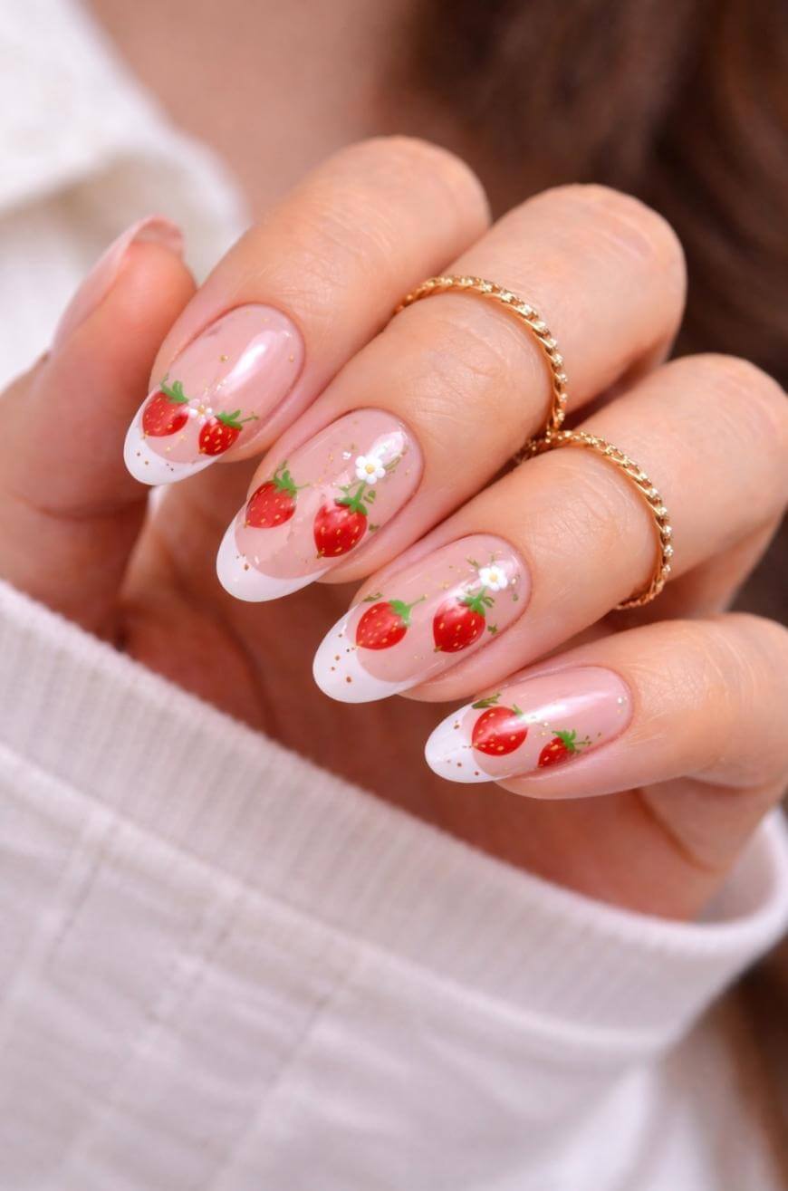 A hand with long, almond-shaped nails featuring a French tip design and small, detailed strawberry art on each nail. The person wears gold rings and a white sleeve is visible.