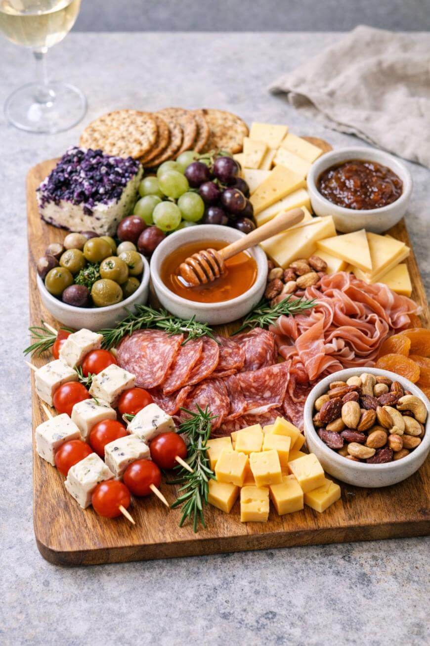 A wooden board topped with assorted cheeses, cured meats, green and red grapes, crackers, olives, cherry tomato and cheese skewers, mixed nuts, dried apricots, two dips, and a honey dipper, with a glass of white wine.