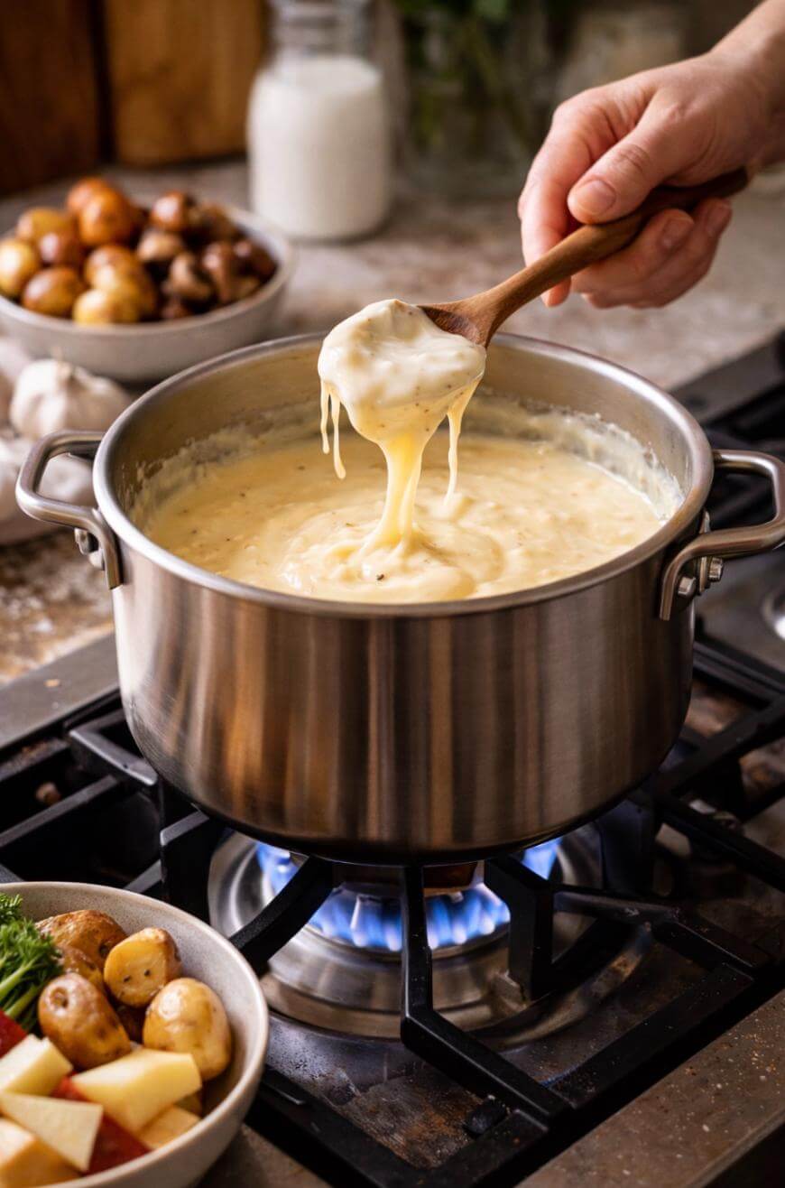 A hand stirs creamy, melted cheese in a pot on a gas stove. Next to the pot are bowls with small potatoes and cheese cubes, with a glass jar of milk in the background.