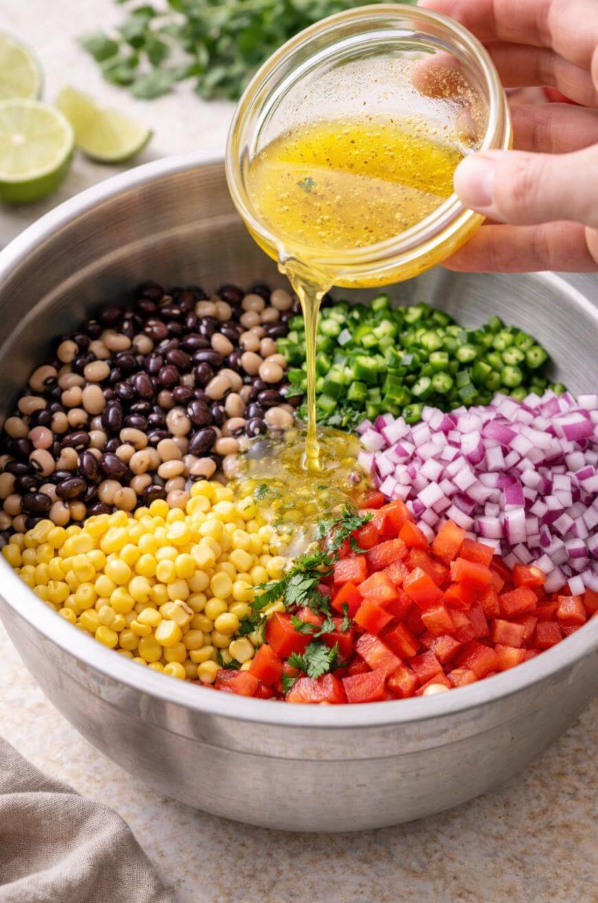 A hand pours vinaigrette over a bowl filled with diced red pepper, red onion, jalapeño, corn, black beans, black-eyed peas, and cilantro, ready to be mixed for a fresh salad. Lime wedges and greens are in the background.