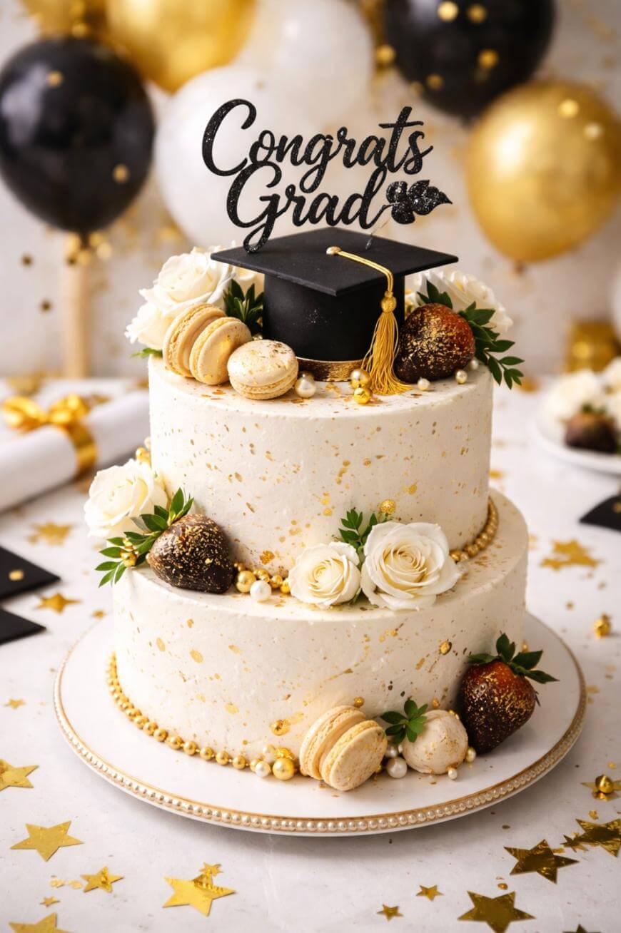 A two-tier white cake with gold accents, topped with a graduation cap and Congrats Grad sign. Decorated with white roses, gold-dusted macarons, and chocolate-covered strawberries. Balloons and confetti in the background.