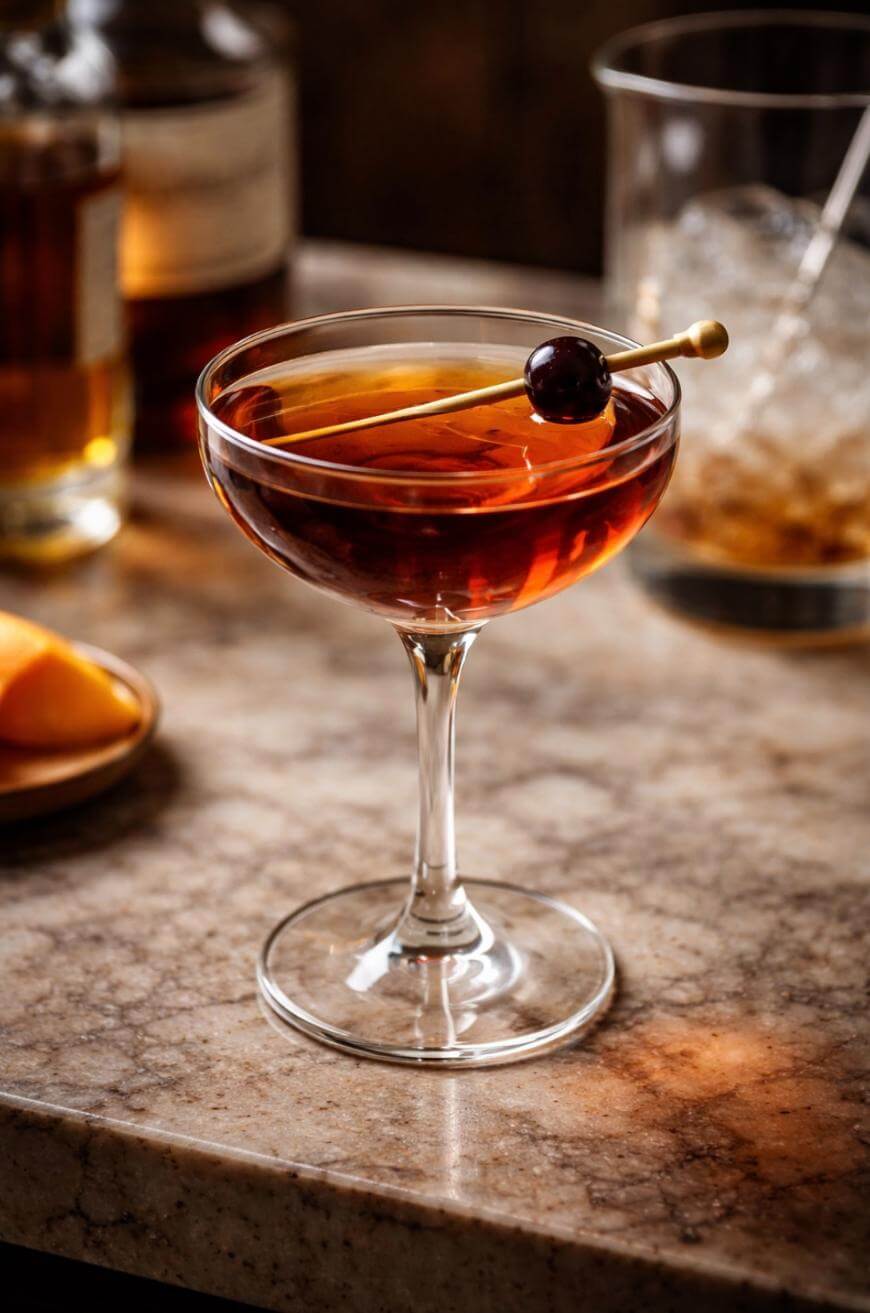 A coupe glass filled with a dark amber cocktail, garnished with a single cherry on a cocktail pick, sits on a marble surface. A glass with ice and a bottle are blurred in the background.