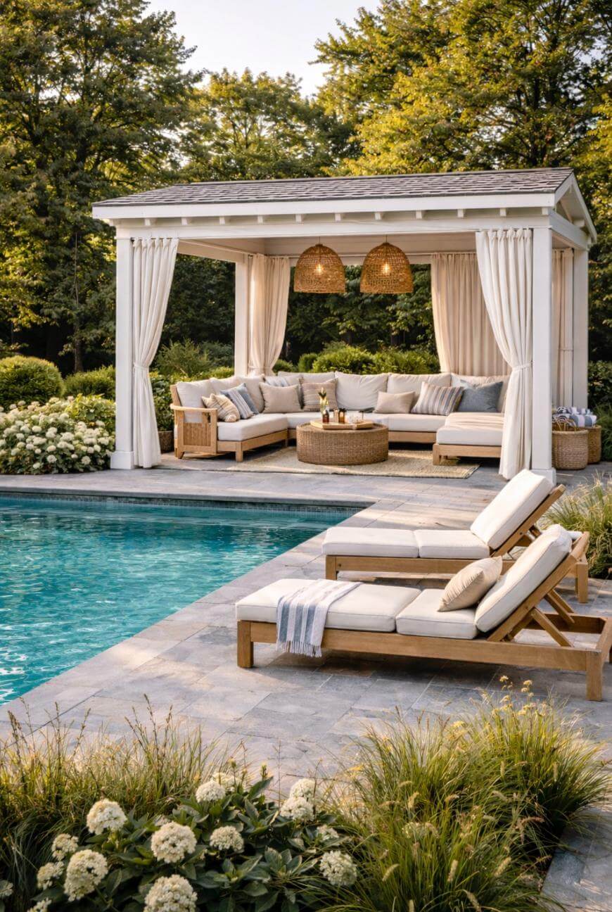 A stylish poolside cabana with white curtains, wicker furniture, and neutral cushions sits beside a blue swimming pool. Two lounge chairs with cushions and towels face the water, surrounded by lush greenery and blooming flowers.