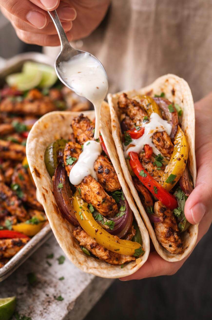A hand holds two chicken fajita tacos with grilled chicken, red and yellow bell peppers, and onions, while a spoon drizzles white sauce on top. A tray of more fajitas is blurred in the background.