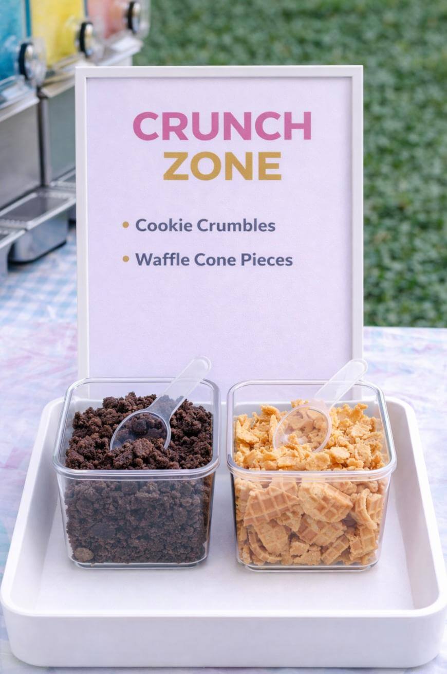 Two containers labeled Crunch Zone hold cookie crumbles and waffle cone pieces with scoops. A sign behind lists the toppings, and the setup is on a tray atop a table with a grassy area in the background.