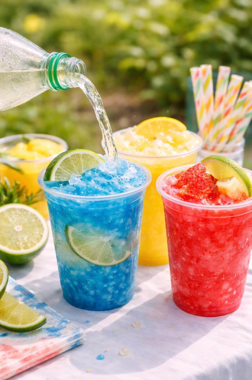 Three colorful slushies—blue, yellow, and red—served in clear cups with lime and fruit slices, sit on a table. A bottle pours sparkling water into the blue slushie. Colorful straws are in the background.