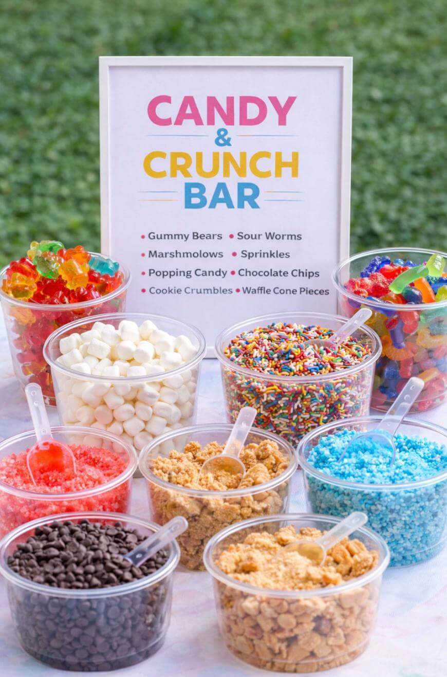 Clear plastic containers filled with various candies and toppings, including gummy bears, marshmallows, sprinkles, and chocolate chips, arranged around a sign that reads Candy & Crunch Bar on a table outdoors.