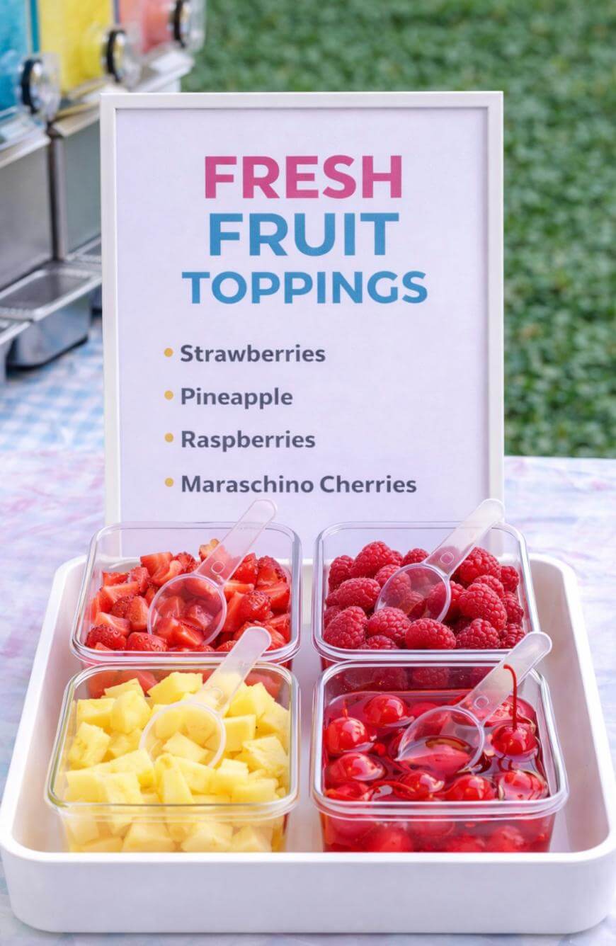 A tray with four containers of fresh fruit: diced strawberries, pineapple chunks, raspberries, and maraschino cherries. Behind them is a sign listing the same fruits as toppings. Scoops are in each container.