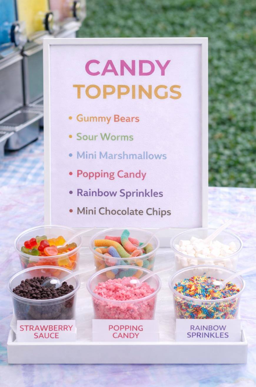 A display of candy toppings listed on a sign, including gummy bears, sour worms, mini marshmallows, popping candy, rainbow sprinkles, and mini chocolate chips, with matching toppings in cups below the sign.