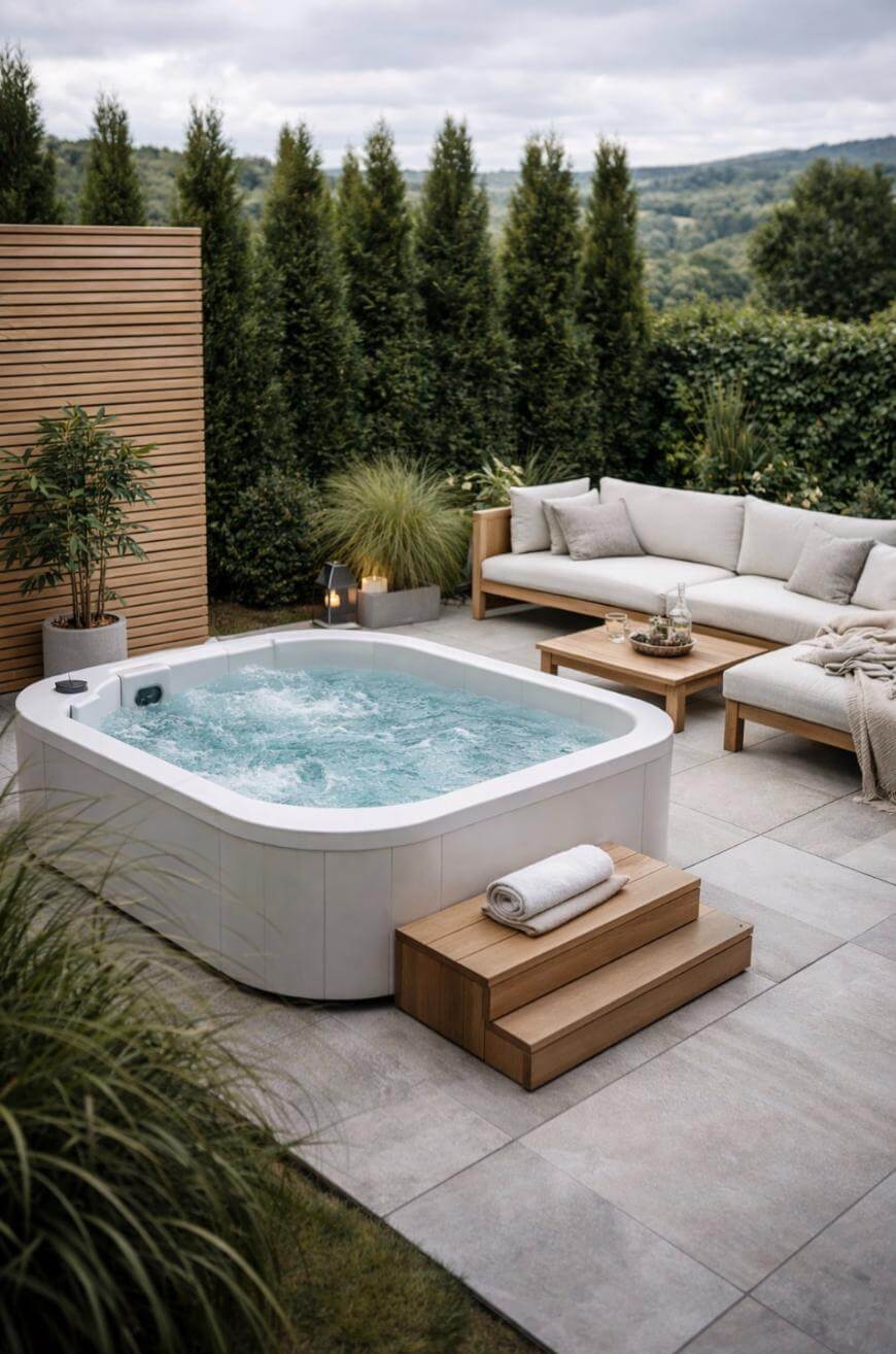 A modern outdoor patio features a square hot tub with bubbling water, wooden steps, a beige sectional sofa, a coffee table, and lush greenery, all set against a backdrop of tall hedges and distant hills.