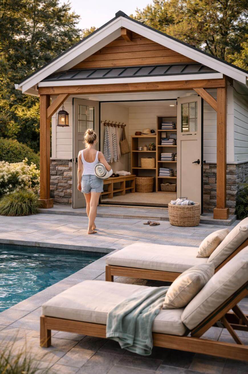 A woman in a tank top and shorts walks toward a poolside cabana, carrying a rolled towel. The cabanas doors are open, revealing shelves with neatly stacked towels and robes. Two lounge chairs and a pool are in the foreground.