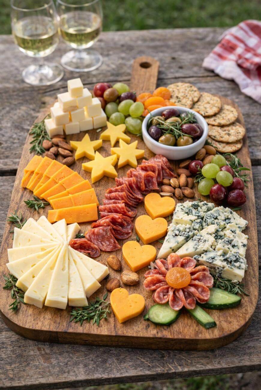 A wooden board with assorted cheeses, meats, nuts, crackers, grapes, olives, and sliced cucumber arranged decoratively, including cheese stars and hearts, with two glasses of white wine in the background.