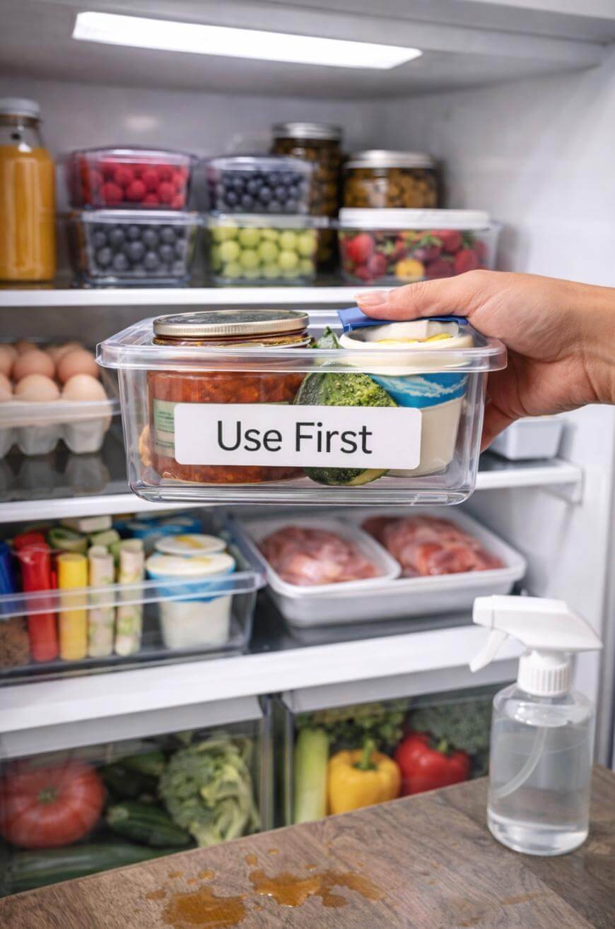 A hand holds a clear container labeled Use First in a well-organized refrigerator filled with fruits, vegetables, eggs, and jars. A spray bottle and vegetables are visible on the lower shelf and door.