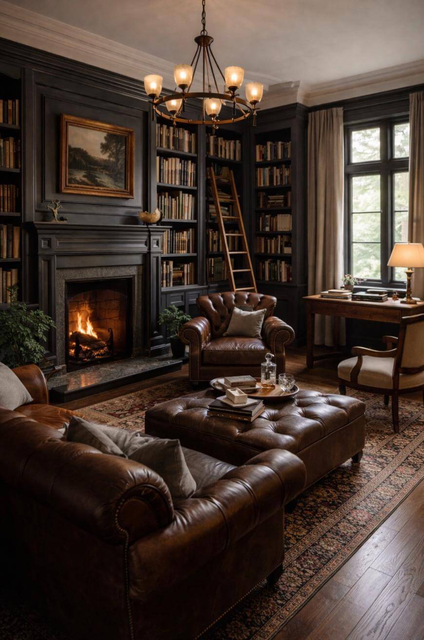 A cozy library with dark bookshelves, a lit fireplace, leather sofas, a ladder, a large window, a wooden desk with a lamp, and a patterned rug create a warm, elegant atmosphere.