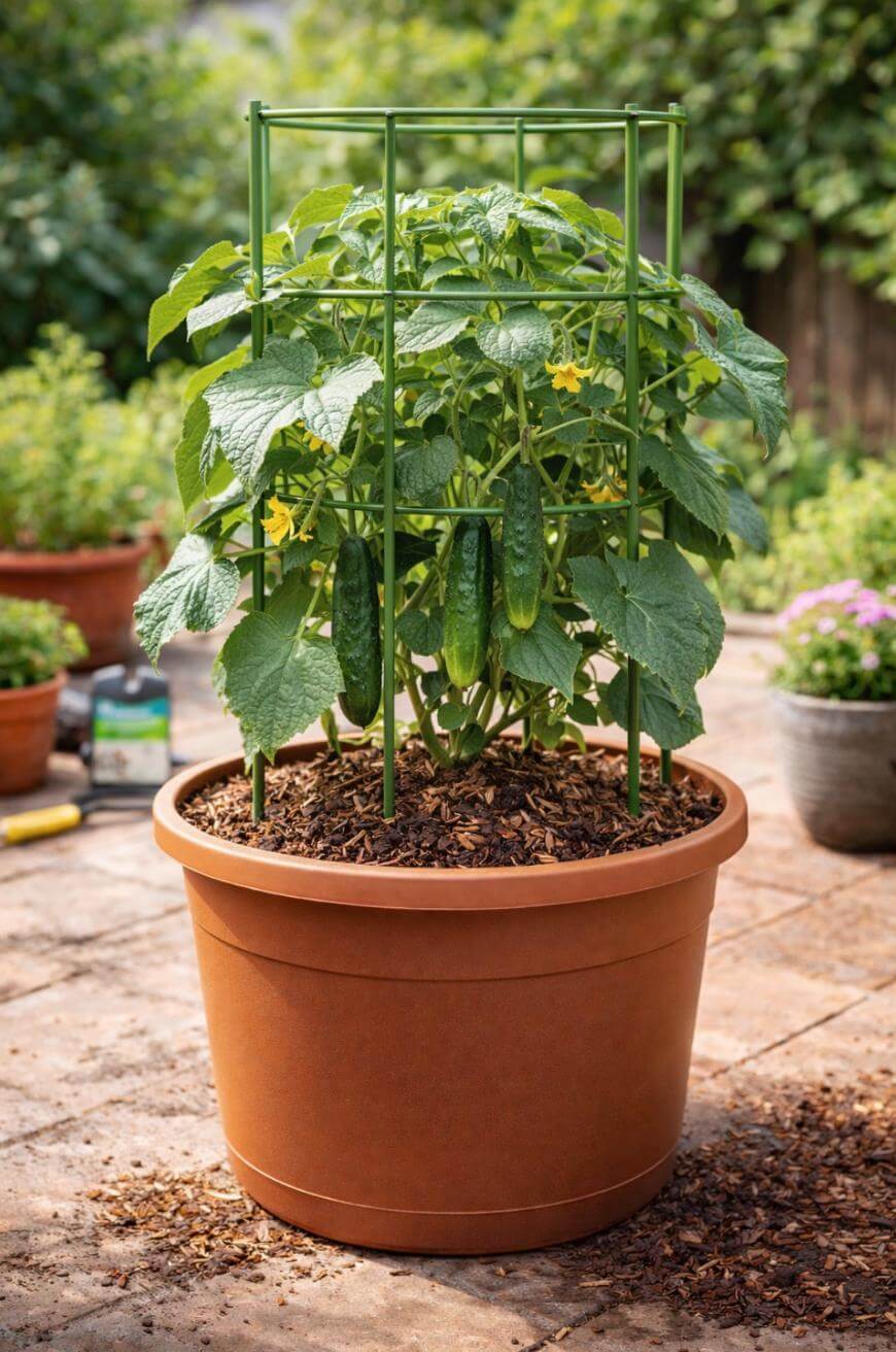 A potted cucumber plant with green leaves and several cucumbers growing, supported by a metal trellis, sits on a sunny patio surrounded by other potted plants.