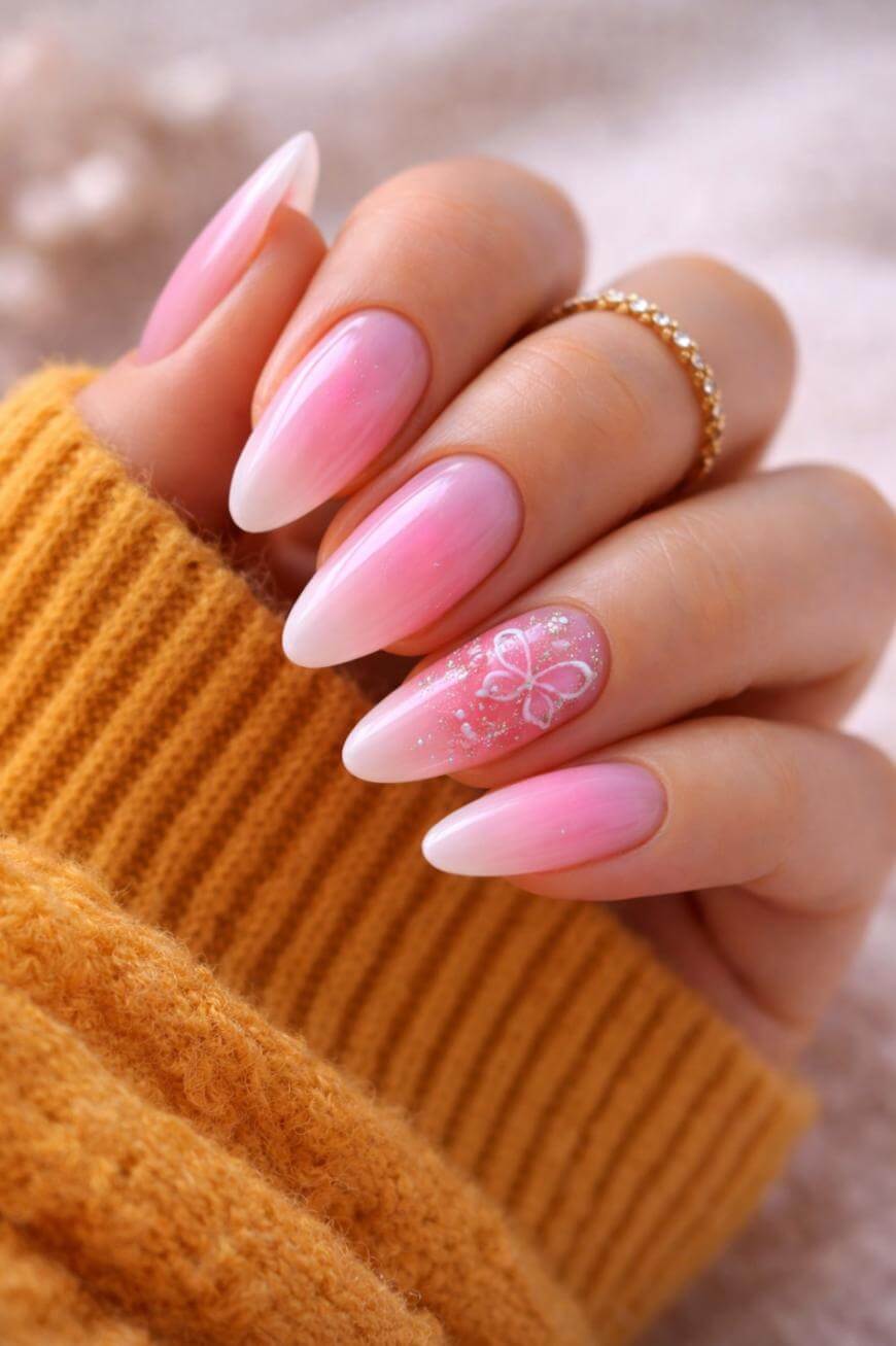A hand with long, almond-shaped nails painted pink, with one accent nail featuring a delicate white bow design. The hand is wearing a mustard-yellow sweater and a gold ring.