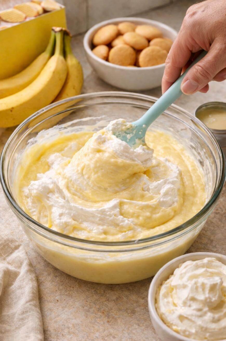 A hand stirs creamy banana pudding with a spatula in a glass bowl. Bananas, vanilla wafers, and bowls of whipped cream are visible in the background on the countertop.