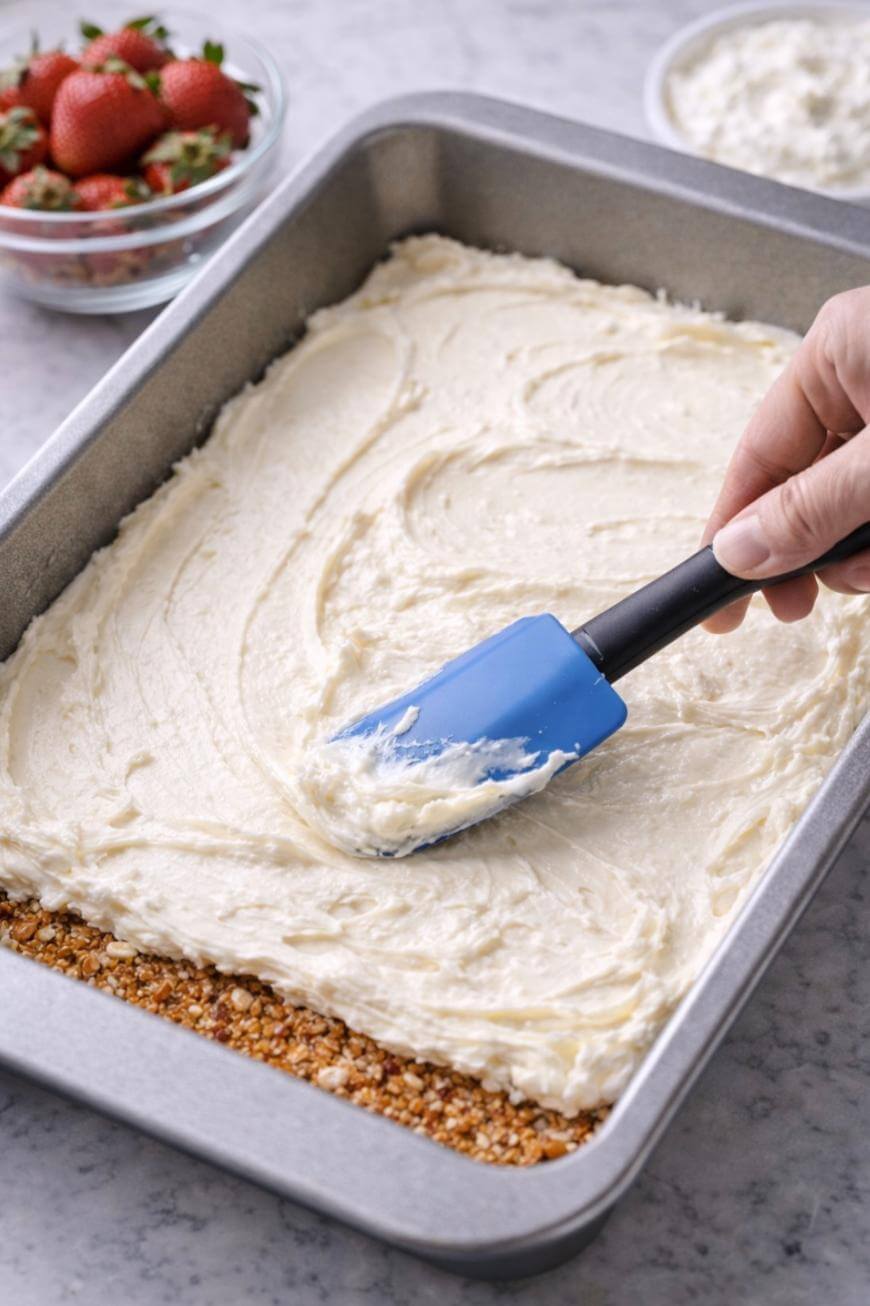 A hand uses a blue spatula to spread a creamy mixture over a crust in a rectangular baking pan. A bowl of strawberries and a bowl of cream are visible in the background.