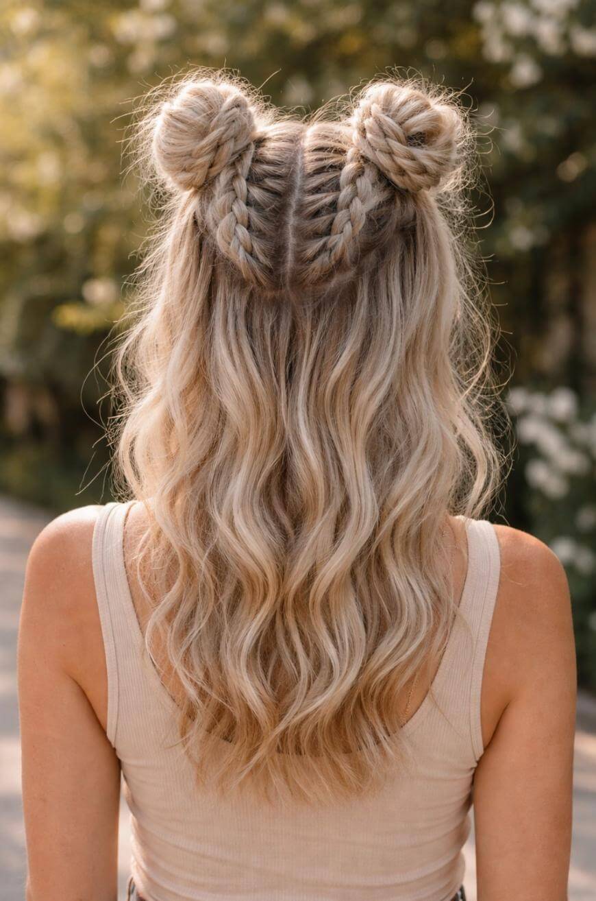 A woman with long, wavy blonde hair styled in two braided space buns on top of her head, seen from behind, wearing a light-colored tank top outdoors.