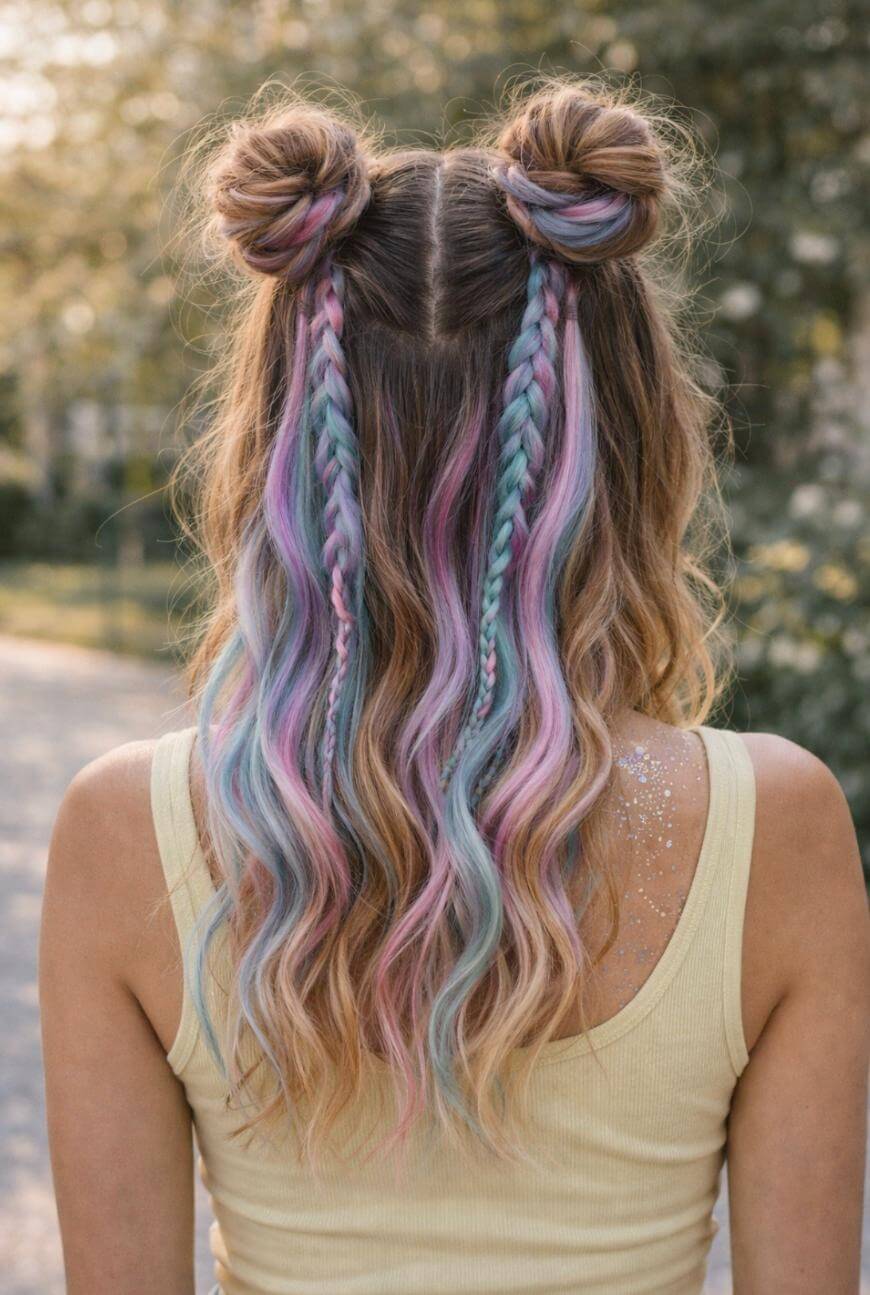 A person with long, wavy hair dyed pastel pink, blue, and lavender, styled in two buns and braids, wearing a yellow tank top, with glitter on their shoulders, outdoors in soft sunlight.