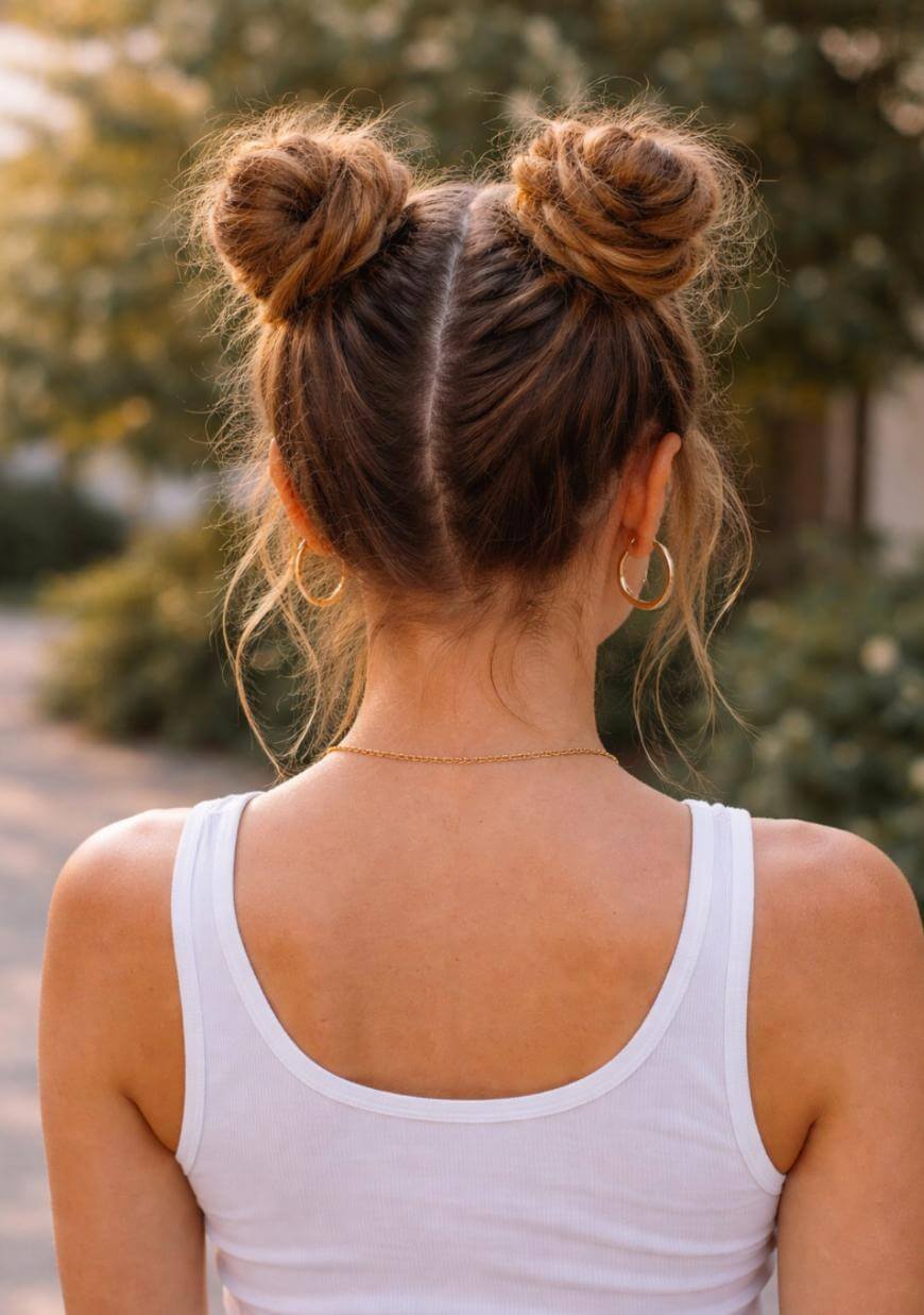 A woman with light brown hair styled in two messy buns, wearing a white tank top and gold hoop earrings, is seen from behind outdoors, with greenery in the background.