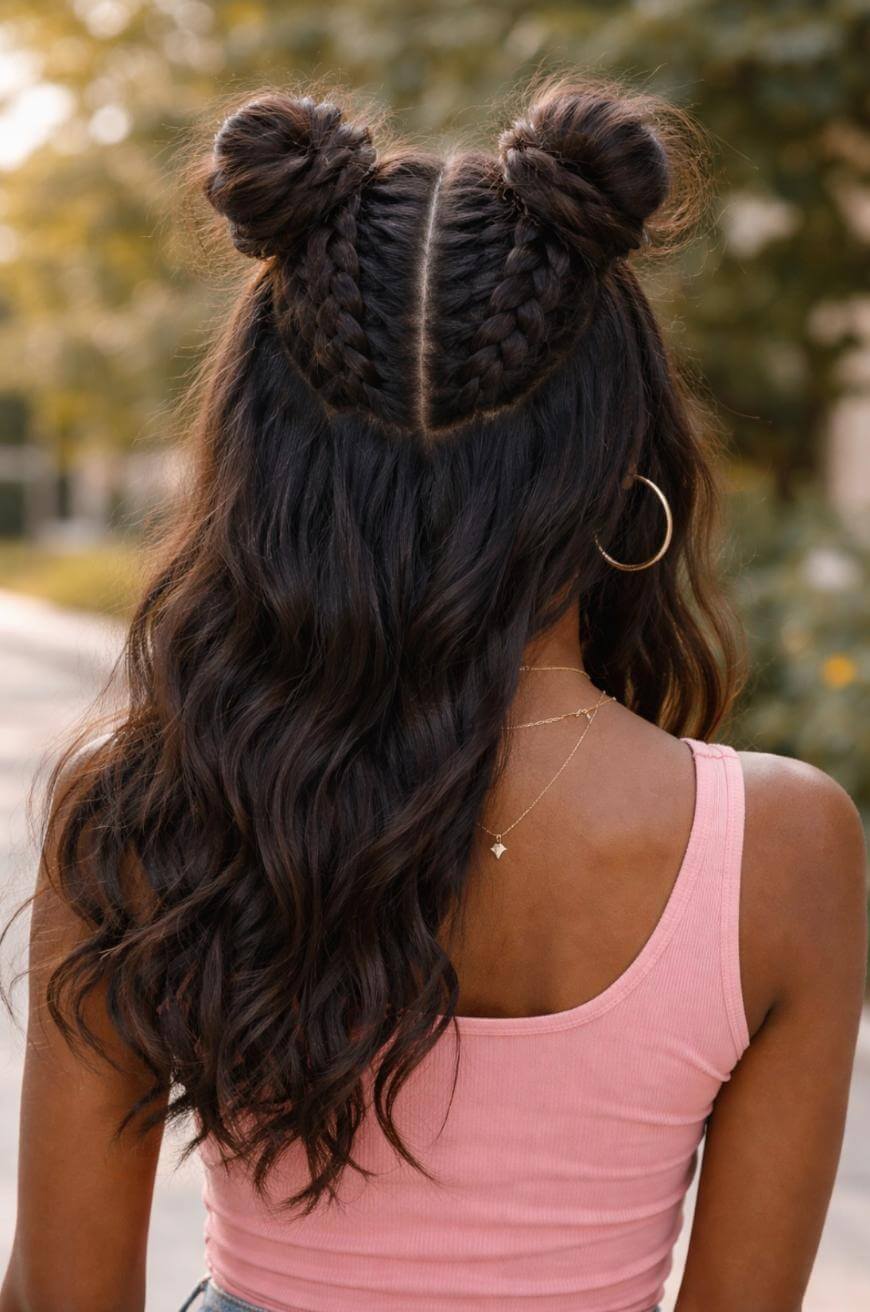 A woman with long, wavy dark hair styled in two braided space buns, wearing a pink sleeveless top and gold hoop earrings, is seen from behind outdoors on a sunny day.
