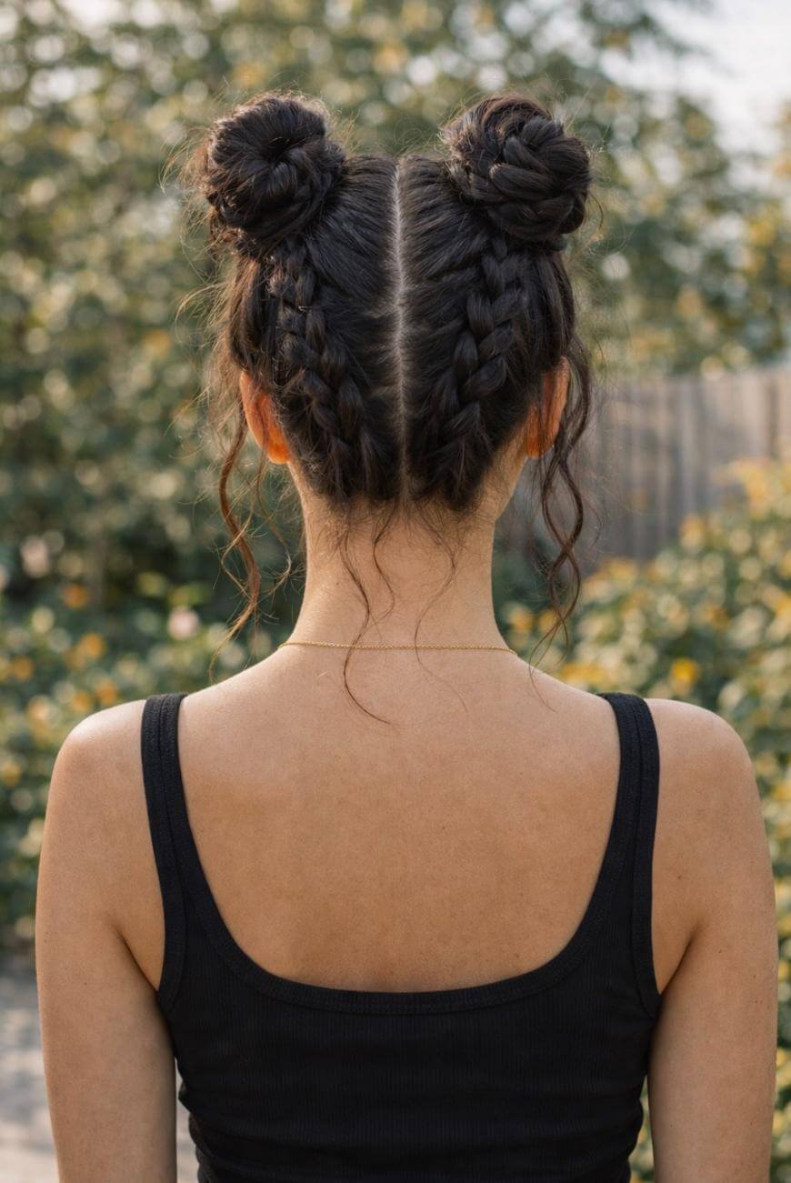 A woman with dark hair styled in two braided buns stands outdoors, facing away from the camera. She is wearing a black tank top, and a few loose curls frame her neck. Lush greenery is blurred in the background.
