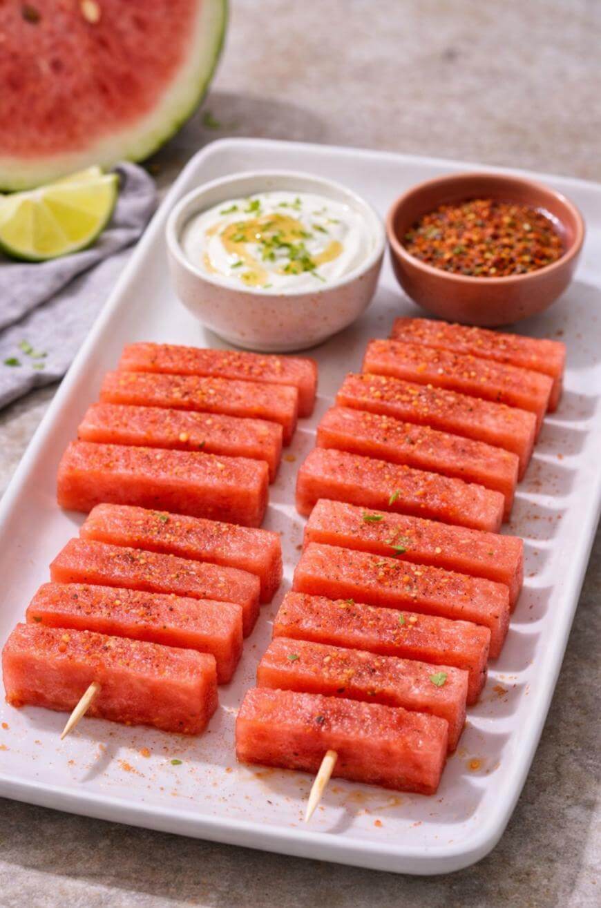 A platter with rows of watermelon sticks on skewers, sprinkled with spice, served with a creamy white dip and a bowl of seasoning. A partially sliced watermelon and lime wedges are in the background.