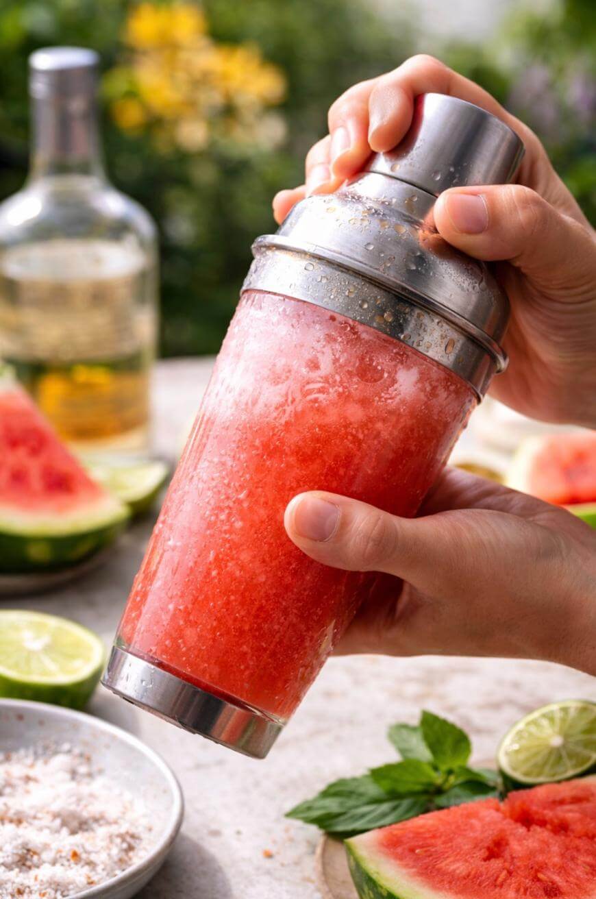 A person shaking a cocktail shaker filled with a red, icy drink, surrounded by watermelon slices, lime, a bottle, a plate of salt, and fresh mint on a table outdoors.