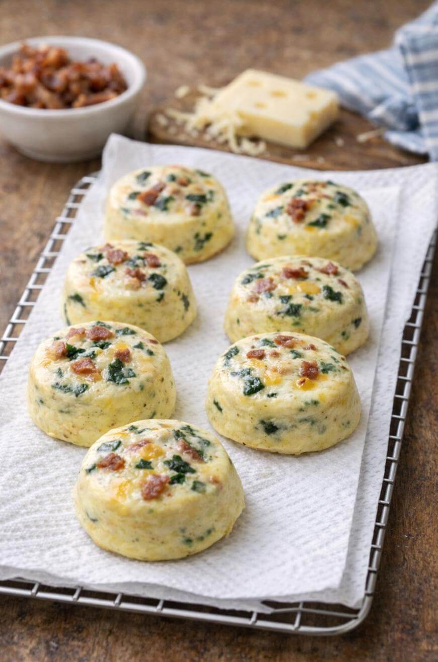 Seven egg bites with visible bits of spinach, cheese, and sausage are arranged on a cooling rack lined with paper towels. In the background, there is a bowl of sausage and a block of cheese.