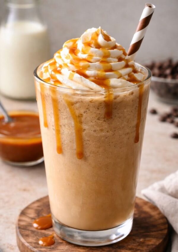A glass of iced coffee topped with whipped cream and caramel sauce, served with a striped straw. In the background are a jar of milk, a bowl of caramel sauce, and scattered coffee beans.