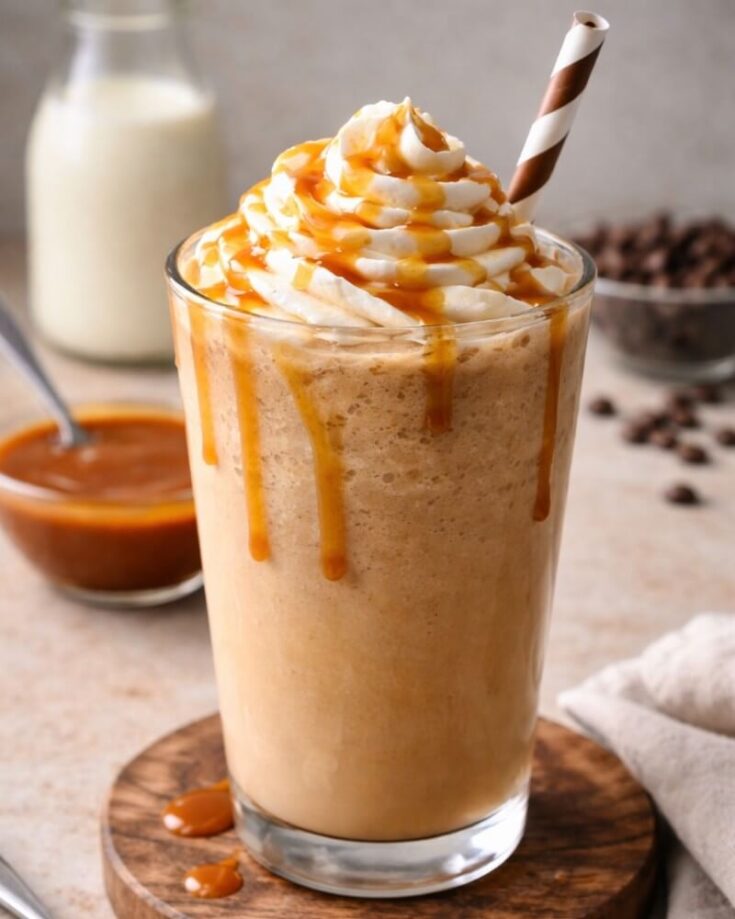 A glass of iced coffee topped with whipped cream and caramel sauce, served with a striped straw. In the background are a jar of milk, a bowl of caramel sauce, and scattered coffee beans.