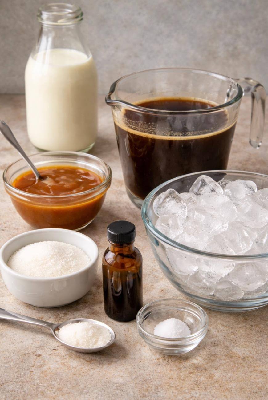 A variety of ingredients on a countertop: a bottle of milk, a glass measuring cup of coffee, a bowl of ice cubes, a bowl of caramel sauce, a bowl of sugar, a small bottle of vanilla extract, and a spoon with powder.