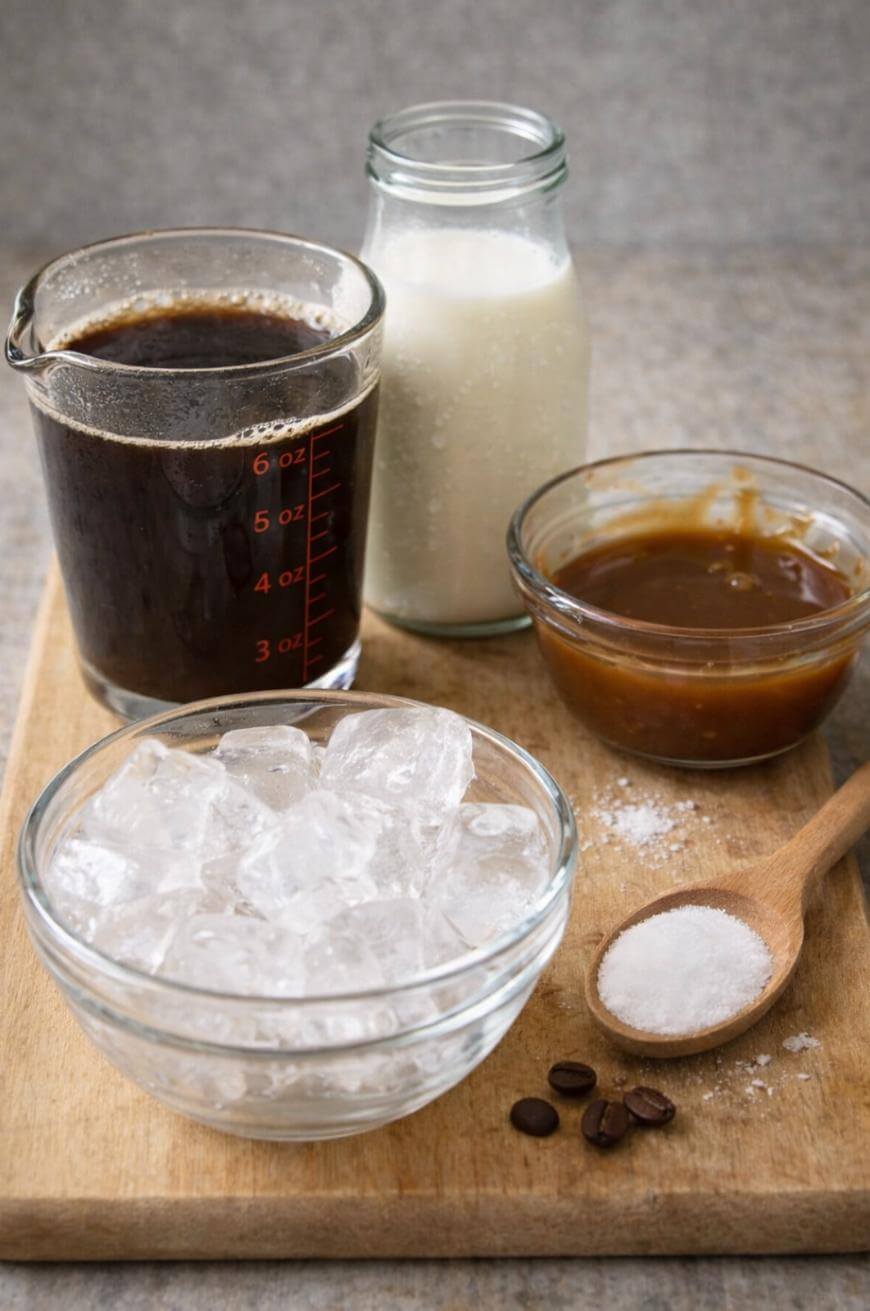 A wooden board holds a measuring cup of black coffee, a glass bottle of milk, a bowl of caramel sauce, a bowl of ice cubes, a wooden spoon with salt, and a few coffee beans.