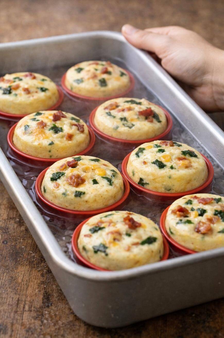 A hand holds a metal tray filled with eight egg bites in red silicone molds. The egg bites have visible pieces of spinach and bacon, and the tray sits on a wooden surface.