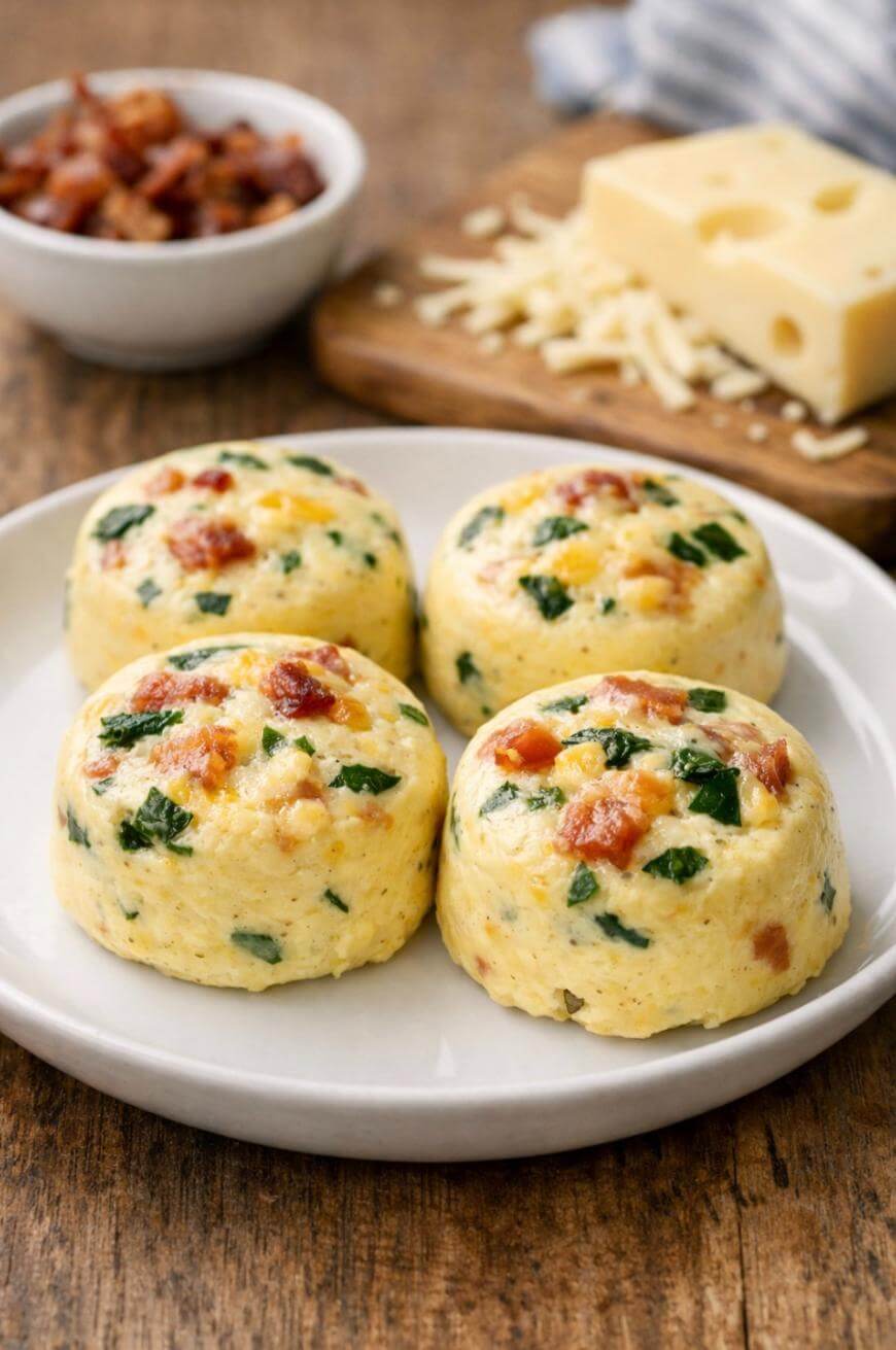 Four egg bites with bacon, spinach, and cheese sit on a white plate. In the background, a bowl of bacon pieces, a block of Swiss cheese, and shredded cheese rest on a wooden cutting board.