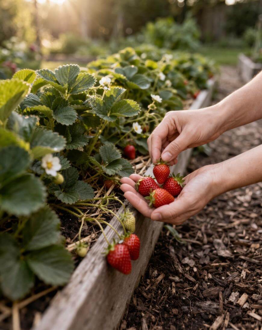 A person’s hands picking ripe red strawberries from a garden bed, surrounded by green leaves and small white flowers, with sunlight in the background.