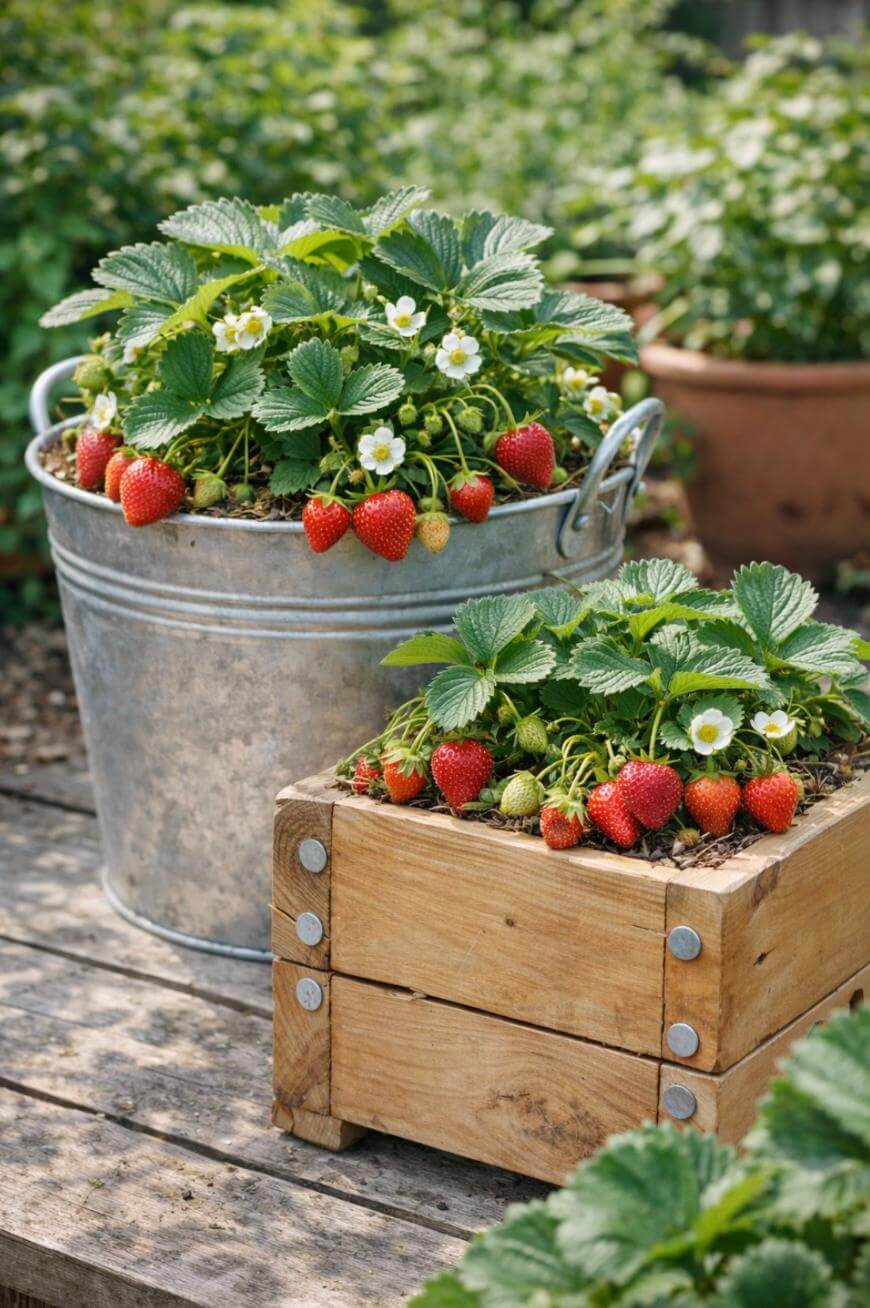 Strawberry plants with ripe red berries and white flowers growing in a metal bucket and a small wooden box, placed on a wooden outdoor surface with greenery in the background.