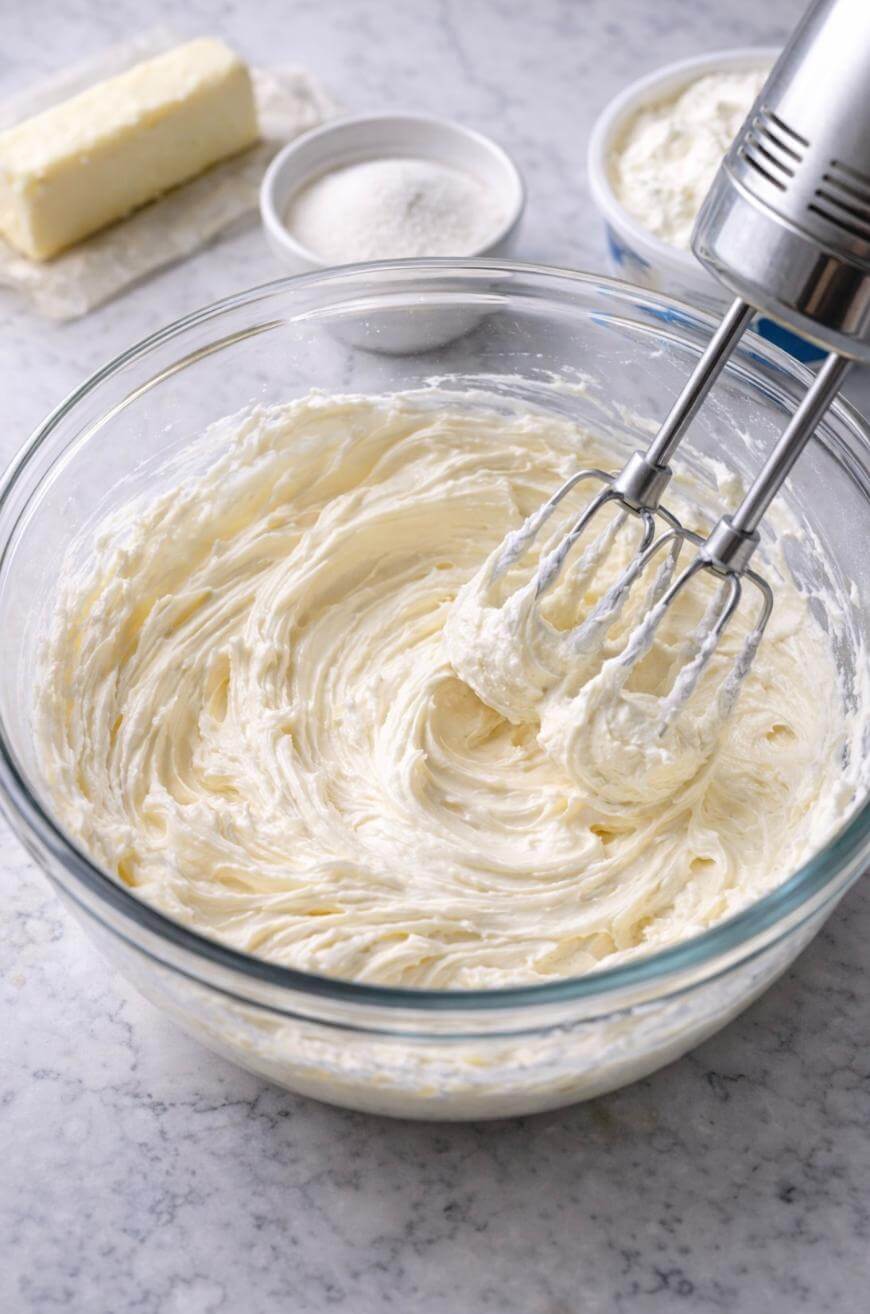 A glass bowl filled with creamy frosting being mixed with an electric hand mixer, surrounded by butter, a bowl of sugar, and a container of cream cheese on a marble countertop.