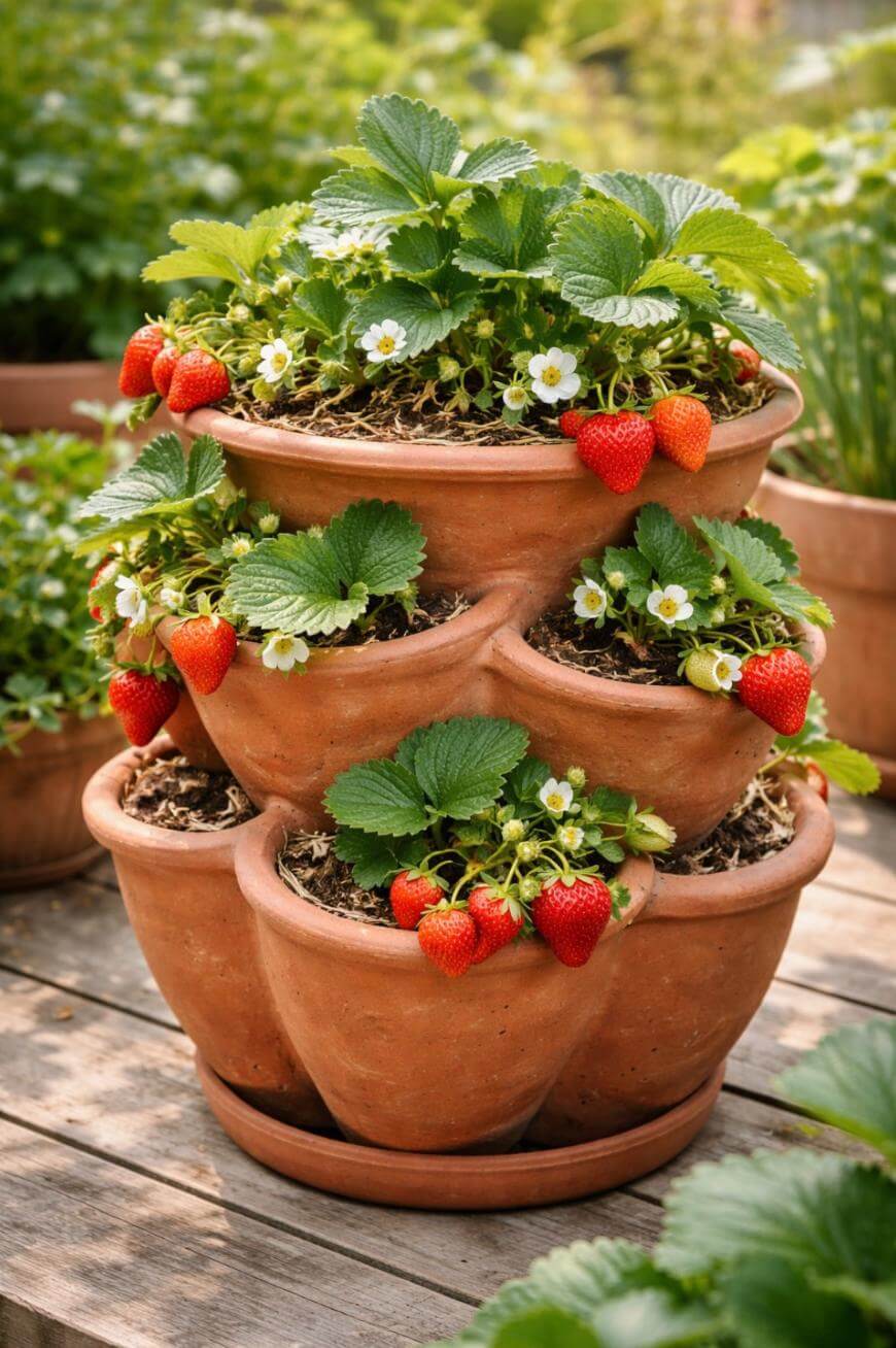 A tiered terracotta planter holds lush green strawberry plants with white blossoms and ripe red strawberries, set outdoors on a wooden surface with more potted plants in the background.