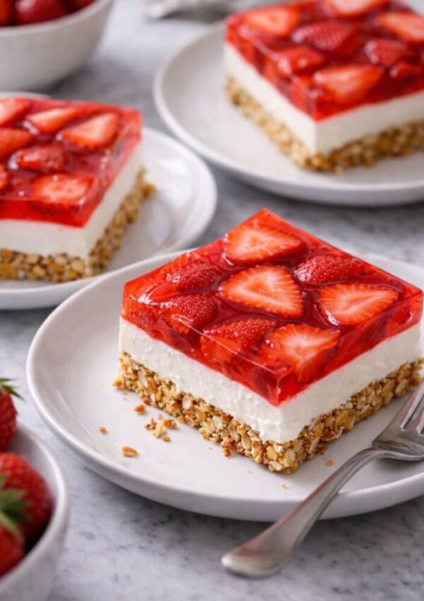 A square slice of strawberry pretzel dessert with a nutty crust, creamy white filling, and strawberry gelatin layer topped with fresh strawberry slices, served on a white plate with a fork. Other slices and strawberries are nearby.
